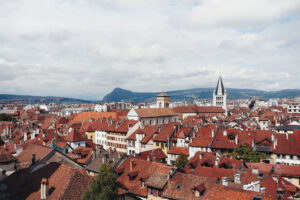 Annecy city, top view. Tile roofs, Cathedral