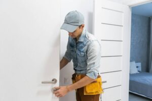 Installation of a lock on the front wooden entrance door. Portrait of young locksmith workman