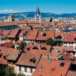 Views from above of the French city of Annecy on a sunny Sunday