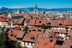 Views from above of the French city of Annecy on a sunny Sunday